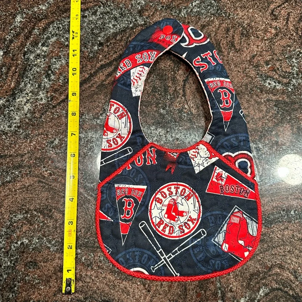 Handmade reversible quilted baby bib in Boston Red Sox design